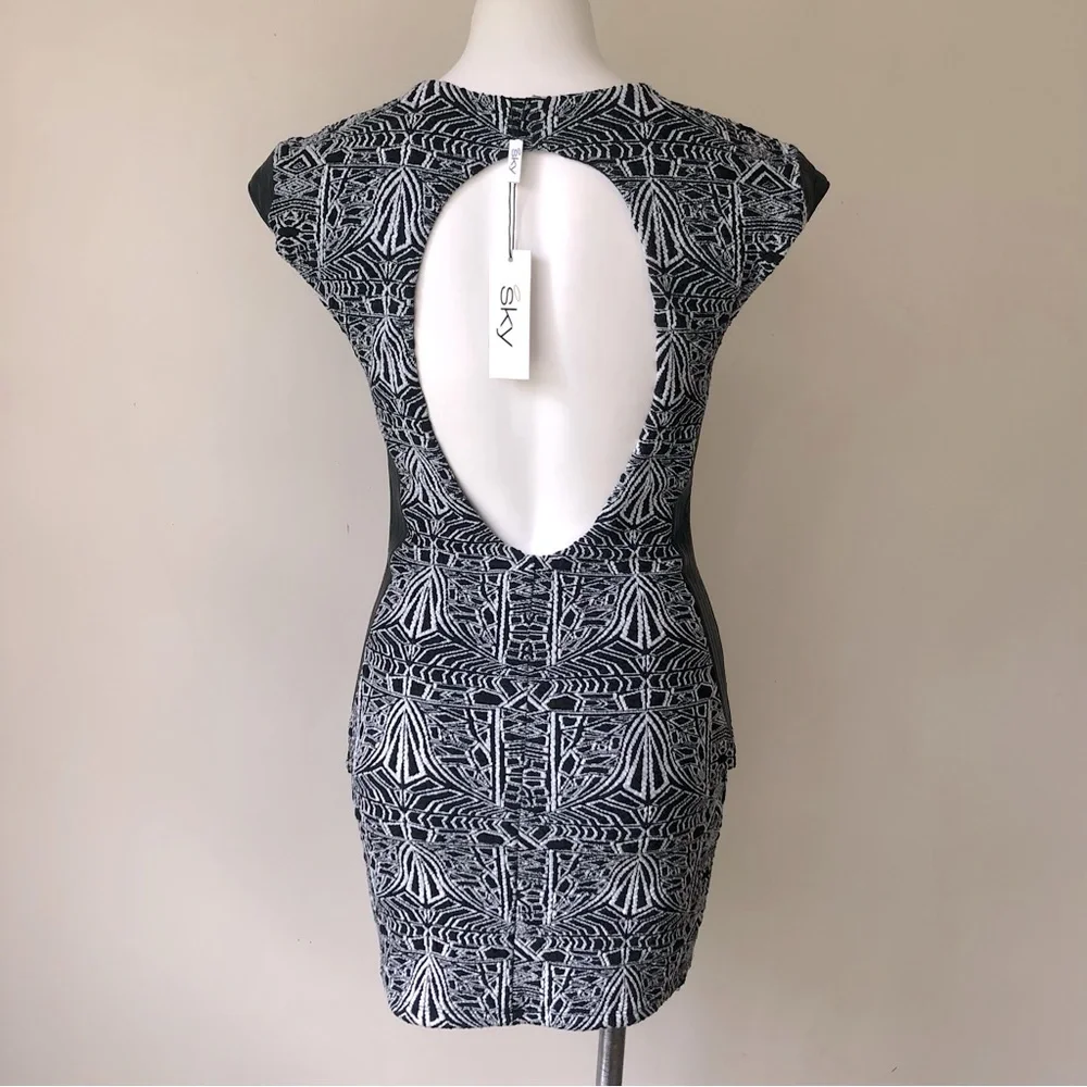 SKY BYZNA Open Back Leather Trim Bodycon Mini Dress, M NWT - Picture 12 of 13